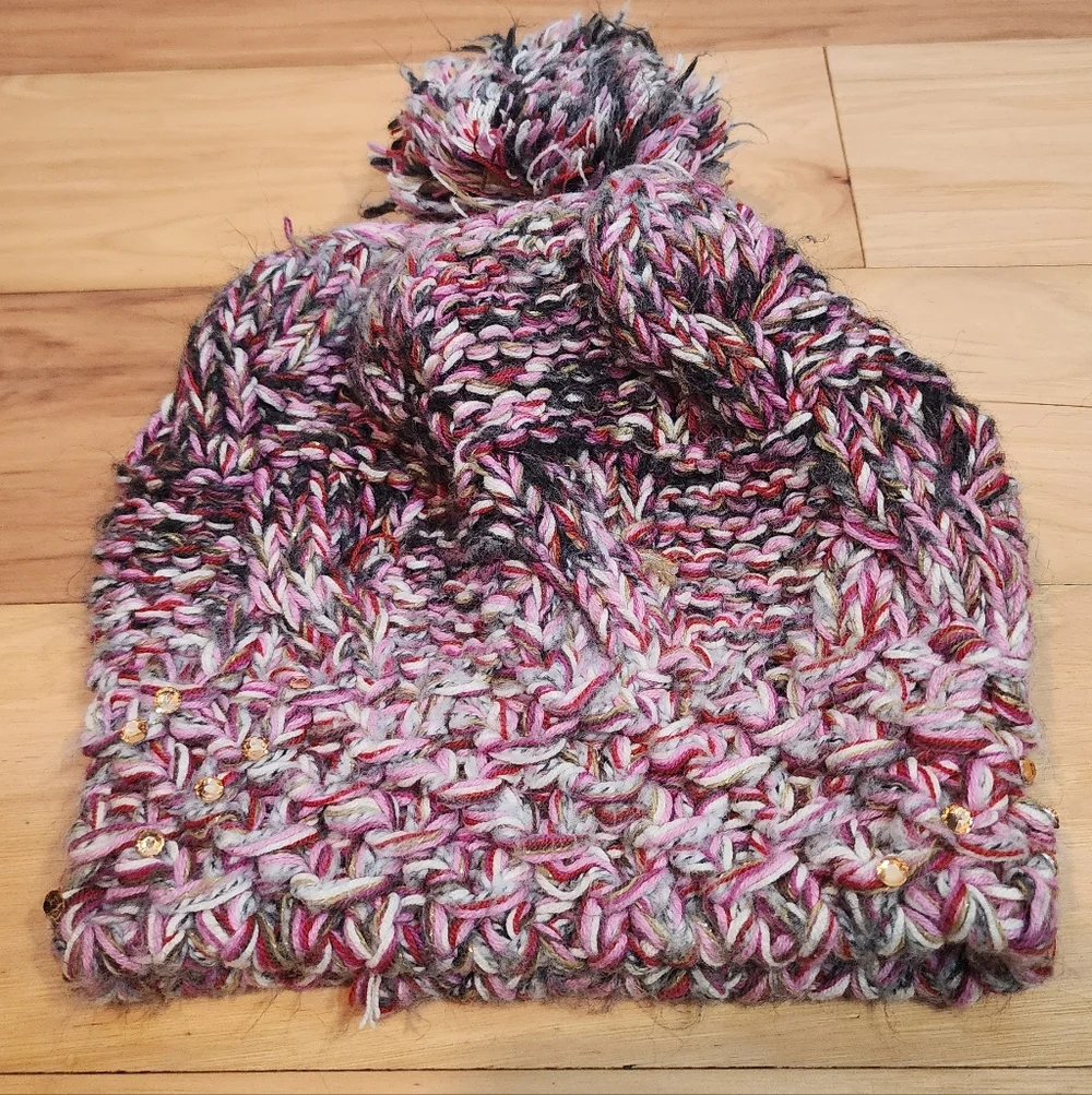 Multicolor Knit Beanie with Pom Pom And Jewels